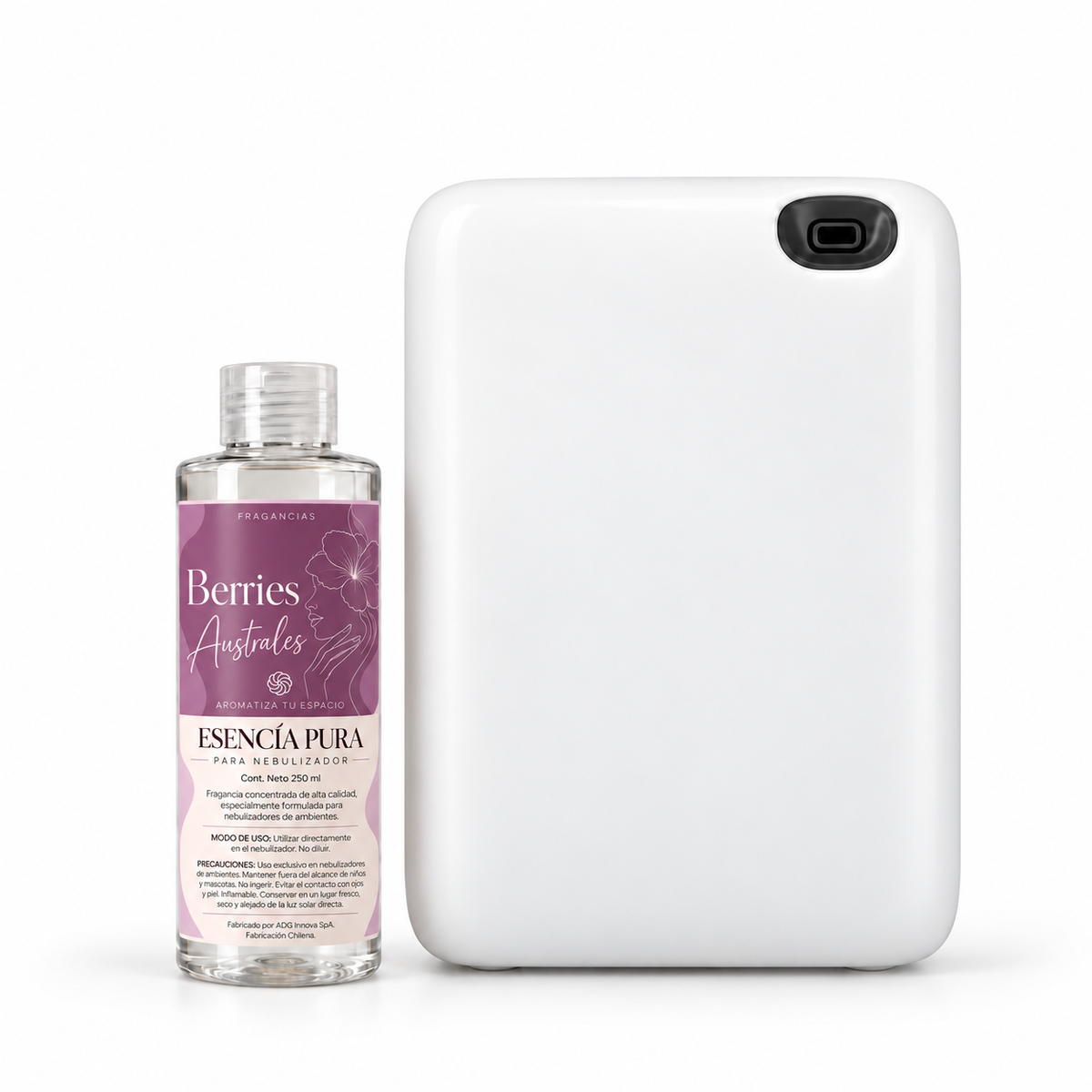 Difusor de aromas nebulizador OV-2 Pro blanco junto a esencia Berries Australes de 250 ml