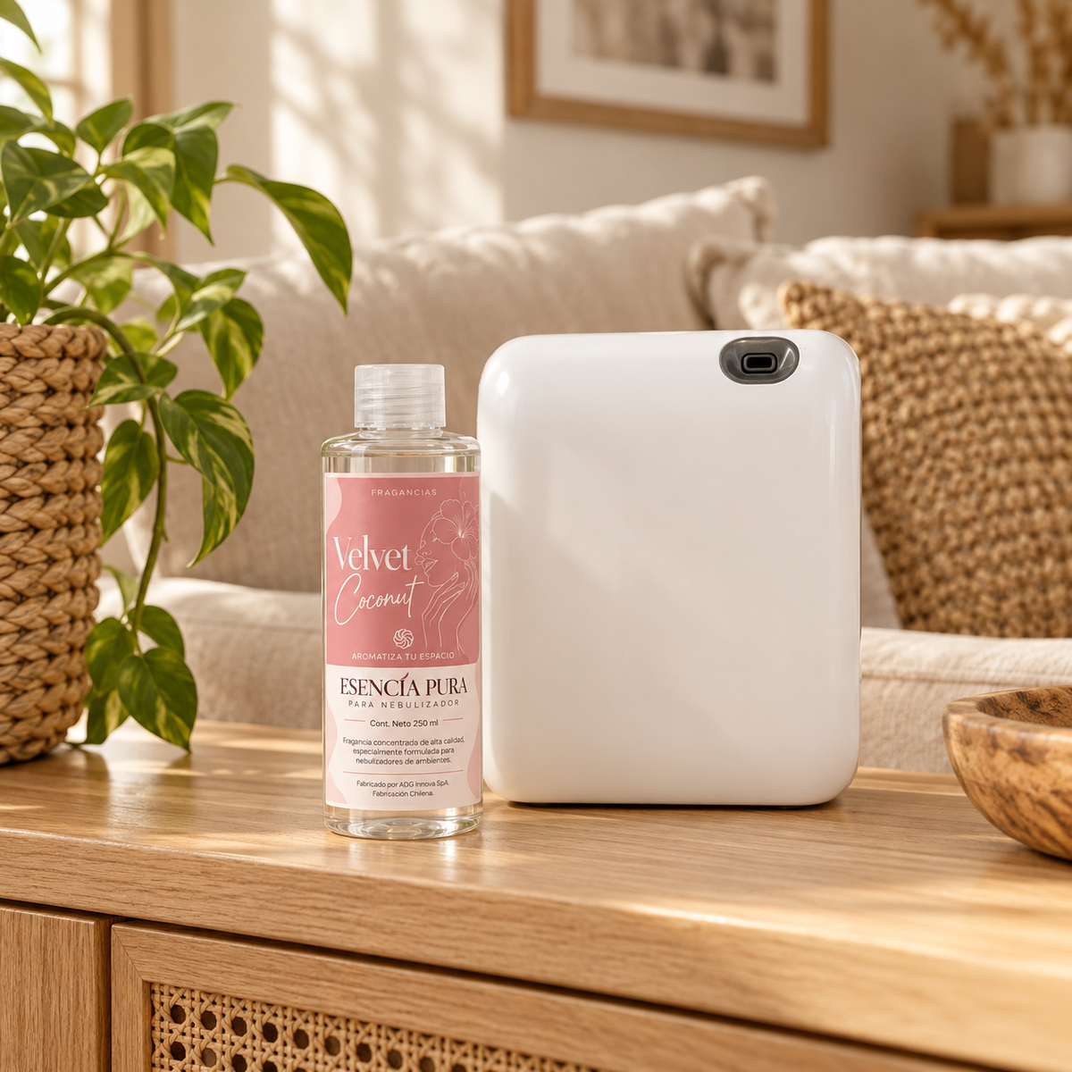 Difusor nebulizador OV-2 Pro y esencia Velvet Coconut sobre mueble de living