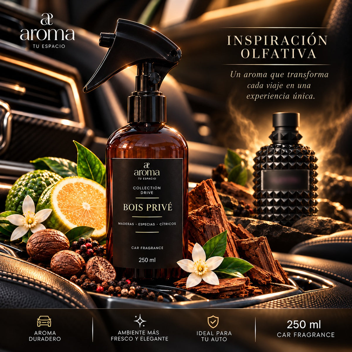 Aromatizante para auto Bois Privé de 250 ml en la consola de un auto, rodeado de cítricos, especias y maderas