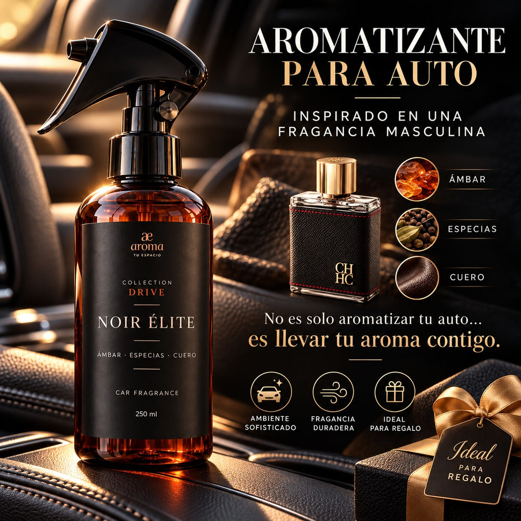 Aromatizante para auto Noir Élite de 250 ml sobre un asiento de cuero, con notas de ámbar, especias y cuero